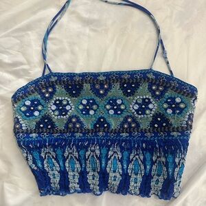 ZARA Blue Bohemian Embroidered Halter Crop Top Size Medium
